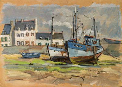 a painting of two boats on the shore of a town