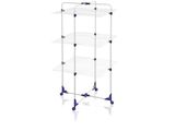 a white and blue three tiered drying rack with wheels