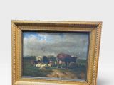 une peinture à l'huile représentant des vaches paissant dans un champ, avec le ciel en arrière-plan