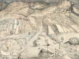 un dessin représentant un bateau sur l'eau, avec une montagne en arrière-plan