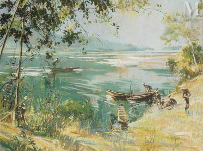 a painting of a boat on the water with people on it