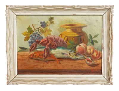 une photo d'un tableau représentant un crabe et des fruits posés sur une table