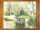 une peinture à l'huile représentant une scène fluviale avec des canards dans l'eau