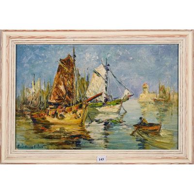 une peinture à l'huile représentant des bateaux dans un port, avec un phare en arrière-plan