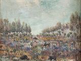a painting of a herd of cattle grazing in a field