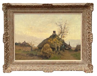 an image of a painting of a man on a horse in a field with a house in the background