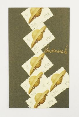 a close up of a postcard with a bunch of stamps on it