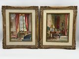 two framed paintings of a living room with a table and chairs