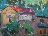 a painting of a yellow house with a red roof