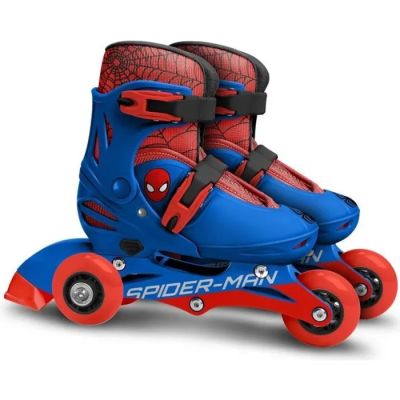 spider - man roller skates with red and blue wheels on a white background