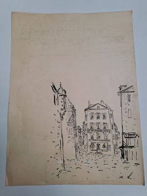 dessin représentant une scène de rue avec des bâtiments et un lampadaire