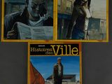 three posters of a man standing next to a woman on the cover of a magazine