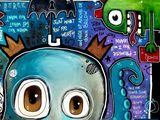 a painting of a blue monster with a crown on it ' s head