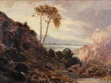 une peinture à l'huile représentant un paysage de montagne avec une rivière au premier plan et des arbres au premier plan