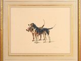 painting of two dogs standing next to each other on a beige background