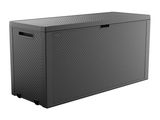 une boîte de rangement en plastique noire avec un couvercle, sur fond blanc