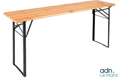 the table is made of wood and metal with a wooden top