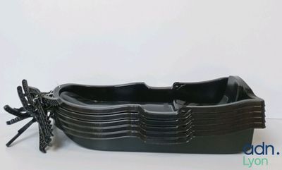 a picture of a black dish with a dragon on it