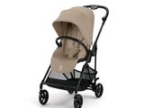 une poussette avec un siège beige et des roues noires