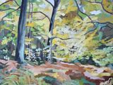 une peinture à l'huile représentant une scène forestière avec des arbres et un banc