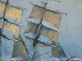 painting of a sailing ship in the ocean with a sky background