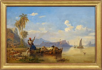 une image d'un tableau représentant un homme sur un bateau dans l'eau