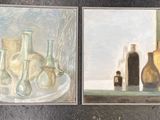 two paintings of vases and bottles on a table in front of a window