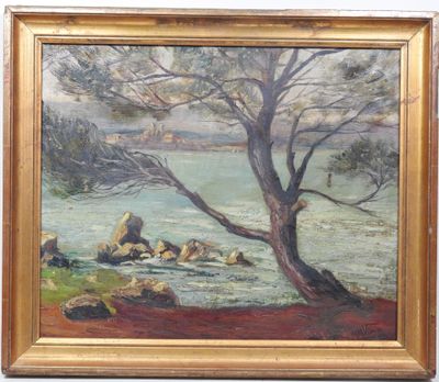 une peinture à l'huile représentant un arbre au bord de l'eau, avec des rochers au premier plan