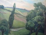 un tableau représentant un paysage avec des arbres au premier plan