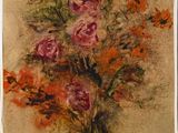 peinture représentant un vase de fleurs posé sur une table, sur fond marron
