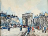 tableau représentant une scène de rue avec des personnes et des voitures