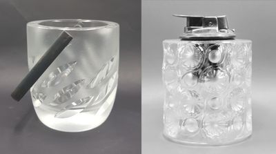 two pictures of a glass with a cigarette in it
