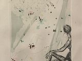 drawing of a woman sitting on the ground with a bird in the sky