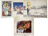 quatre images différentes représentant des tableaux de fleurs et de fruits dans un vase