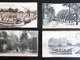 quatre anciennes cartes postales représentant un bateau, des palmiers et un bâtiment