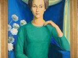 painting of a woman in a green dress sitting in a blue chair