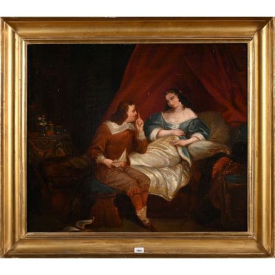 une peinture à l'huile représentant deux femmes assises sur un canapé, dont l'une tient un bébé dans ses bras