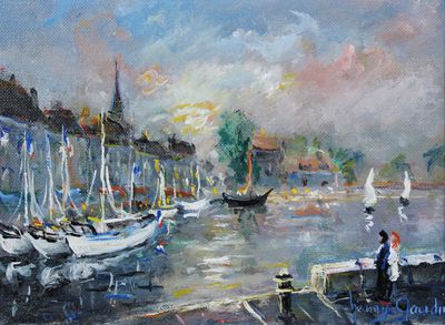 painting of a harbor scene with sailboats and people on the dock