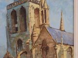 a painting of a church with people walking by it