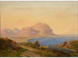 a painting of a landscape with mountains and a body of water
