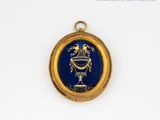a picture of a blue and gold medallion on a white surface