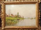 an image of a painting of a river with a house in the background
