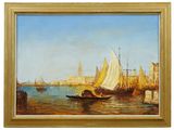 une peinture à l'huile représentant des bateaux dans un port, avec une ville en arrière-plan