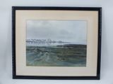 aquarelle encadrée représentant une scène de plage avec un phare au loin