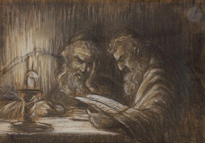 an image of a painting of two men sitting at a table with a candle