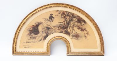 tableau représentant un homme et une femme dans un paysage, avec un chien au premier plan