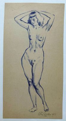 une image représentant le dessin d'une femme nue, les mains posées sur la tête