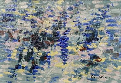 an oil painting of a bunch of blue flowers in a vase