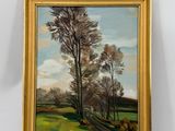 un tableau représentant des arbres dans un champ, avec une route au premier plan