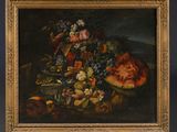 peinture d'une nature morte de fruits et de fleurs sur une table